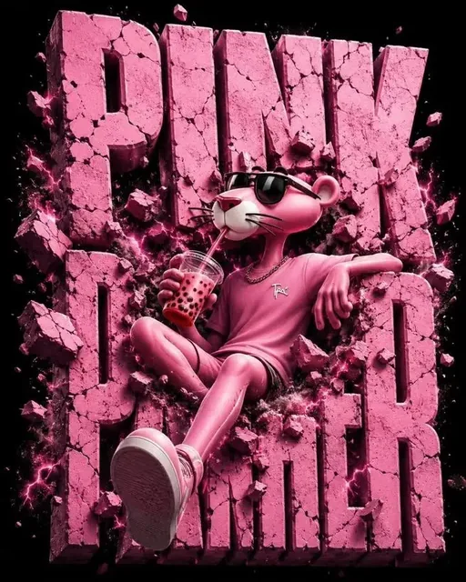 A 3D illustration of the Pink Panther in pastel streetwear and sunglasses, sipping bubble tea, leaning on exploding stone letters spelling "PINK PANTHER" with pink energy bursts ag