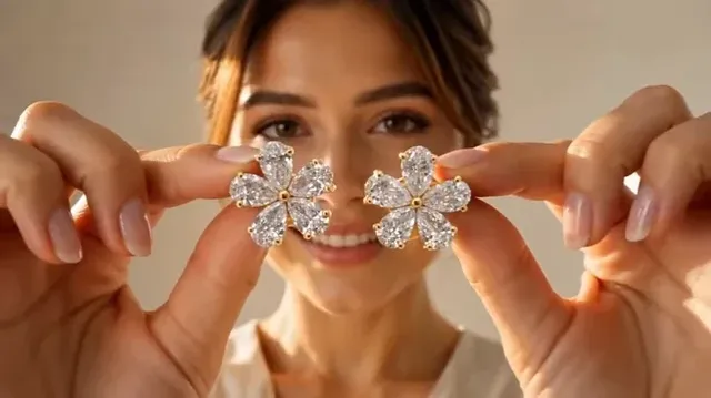 Minimalist infographic presenting flower-shaped diamond earrings, with a product card on the left and a collage of lifestyle and detail shots on the right, styled for luxury jewelry advertising.