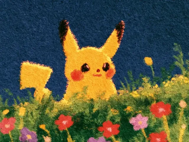 Pikachu peeking through colorful flowers in a soft felt fabric texture illustration style.
