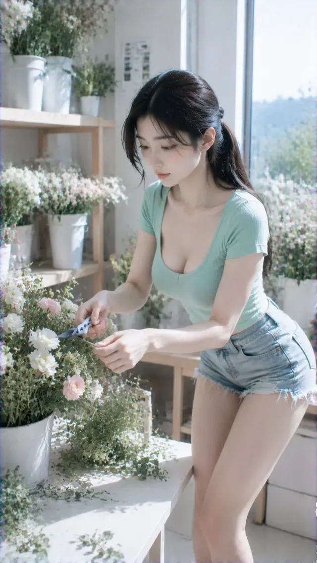 Woman in mint green top and denim shorts, holding a flower, standing by a floral workbench in a bright, airy studio with cool natural light.
