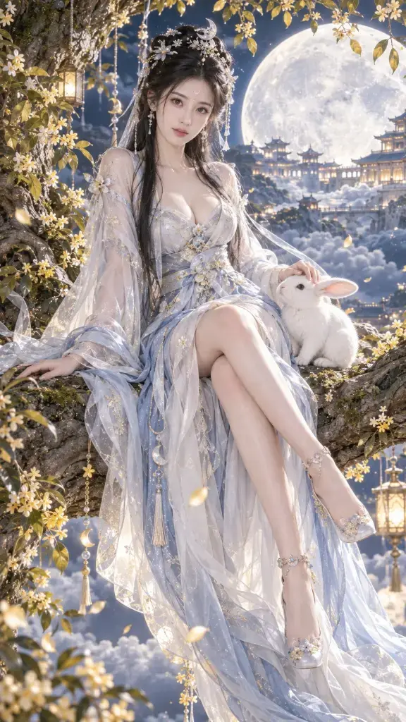 Photorealistic full-body portrait of the Chinese moon goddess Chang'e, seated elegantly on a large moon laurel tree branch. She has fair skin, long dark hair, and wears a traditional white and silver-blue gown. A white rabbit sits beside her. Her face is the clear focal point, with gentle eyes looking towards the viewer.