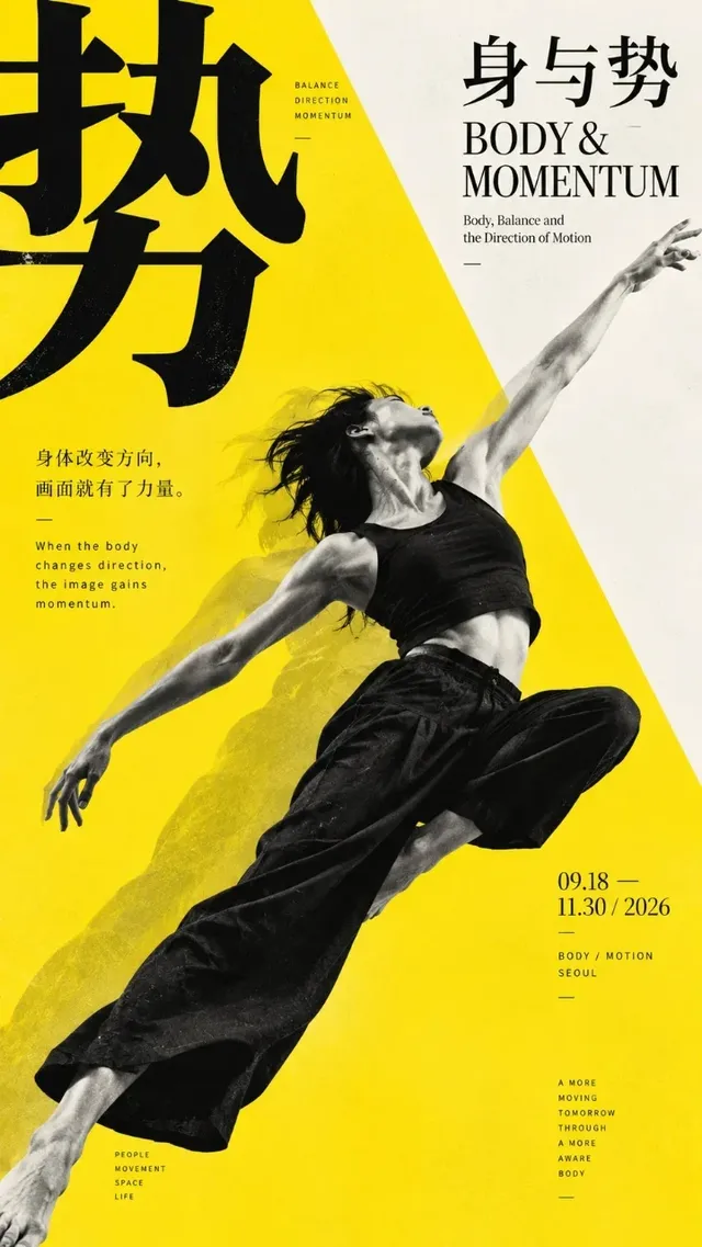 An East Asian modernist exhibition poster with dynamic diagonal composition and stable editorial typography in vertical format.