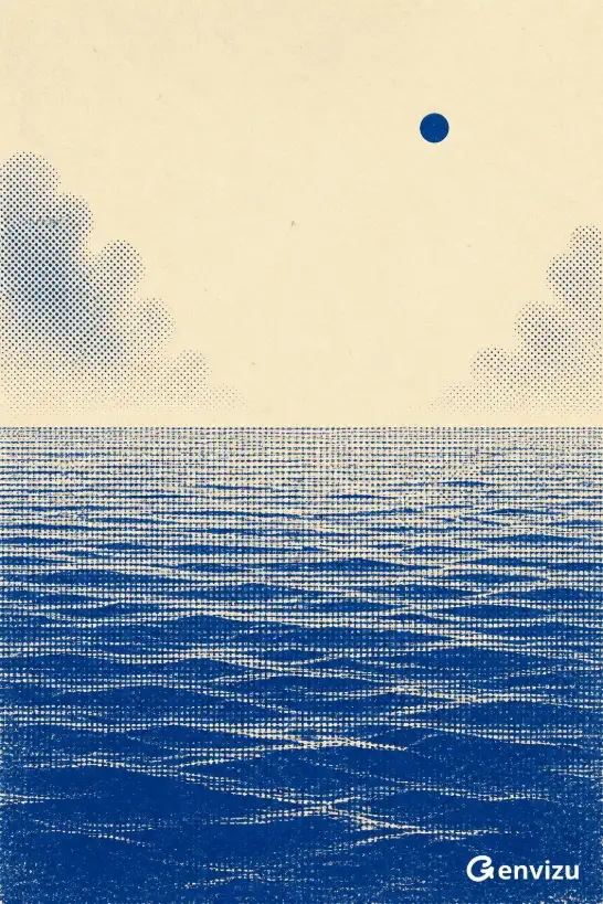 Minimalist vertical print with a deep blue textured ocean occupying the bottom two-thirds and an ivory sky with a small blue circle sun in the upper right.