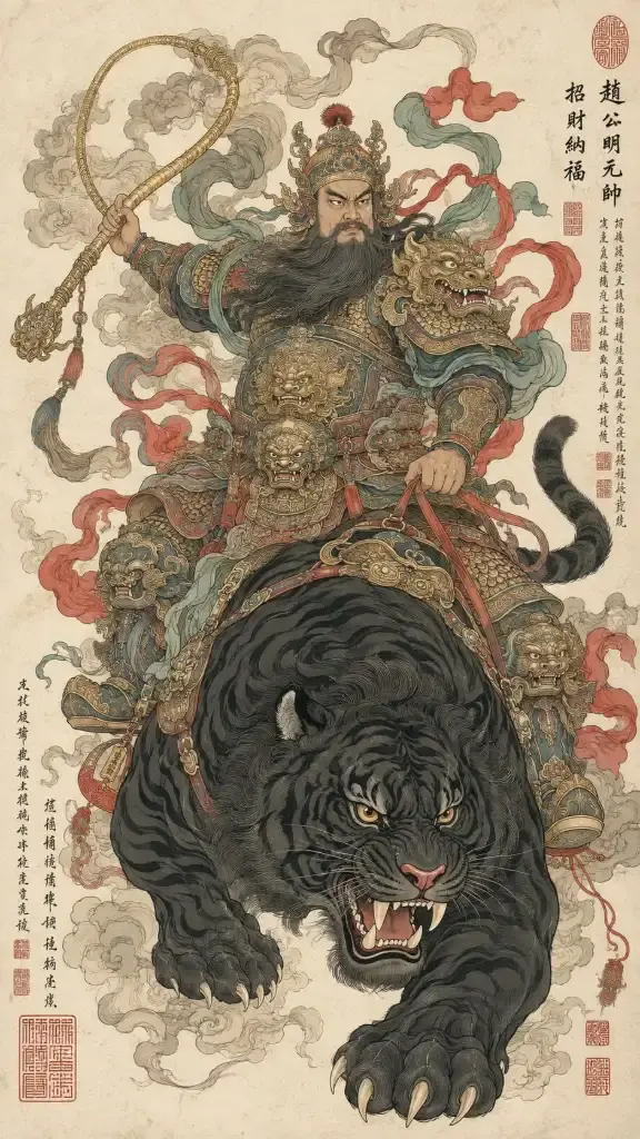 An illustration of a majestic Eastern divine general with ornate armor, commanding a powerful mythical beast. The art style features fine line work and traditional mineral colors, reminiscent of ancient Chinese scrolls.