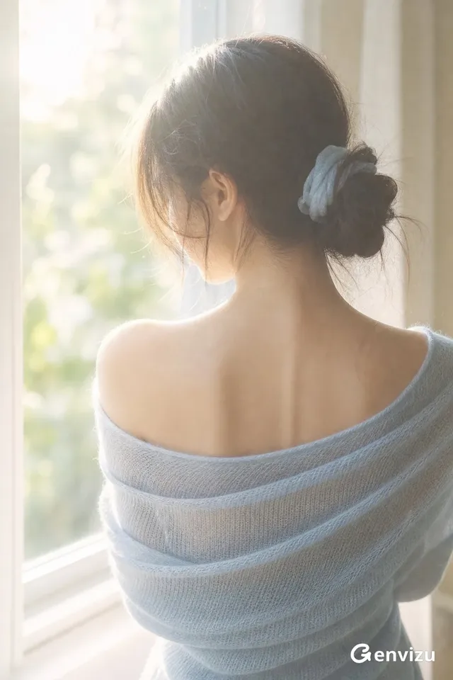 A woman with dark hair in a loose bun, wearing a light blue knit sweater, stands with her back to the camera near a window. Morning light creates a halo effect around her left shoulder and neck. Her face is partially obscured as she looks left.