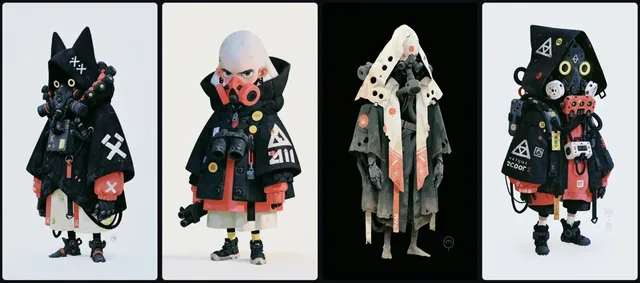 Full body 3D render of a cyberpunk character standing against a pure white background, highlighting its detailed futuristic design.
