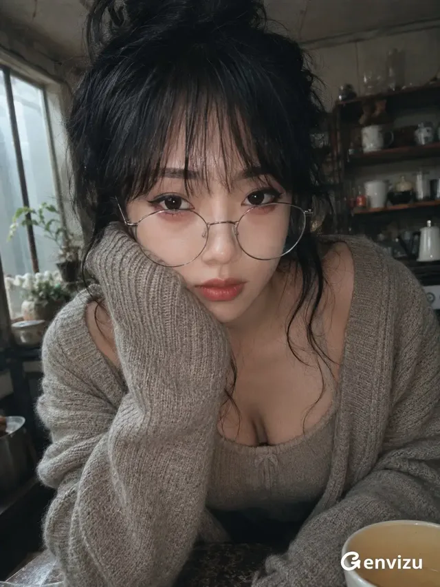 Close-up vintage portrait of an adult East Asian woman with black hair in a messy updo and oversized glasses, wearing a knit cardigan, resting her cheek on her hand in a dimly lit kitchen.