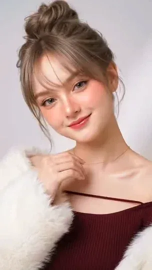 Cinematic beauty portrait of a young woman with ash-brown hair in a bun, wearing a faux-fur jacket, with soft makeup and a calm expression.