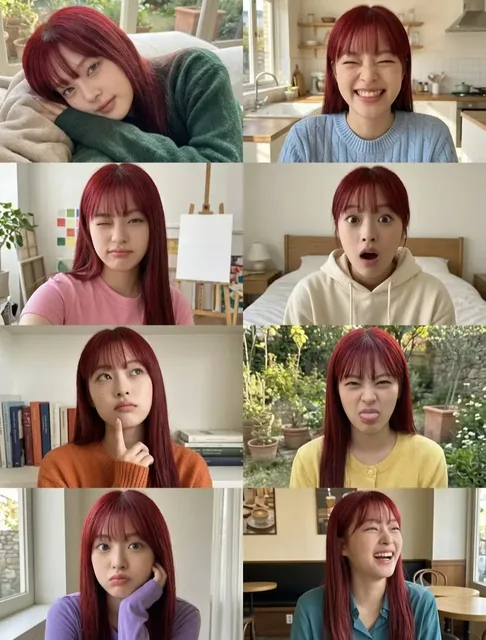 Collage of eight portraits of a young woman with long red hair, showing various expressions and outfits in different settings.