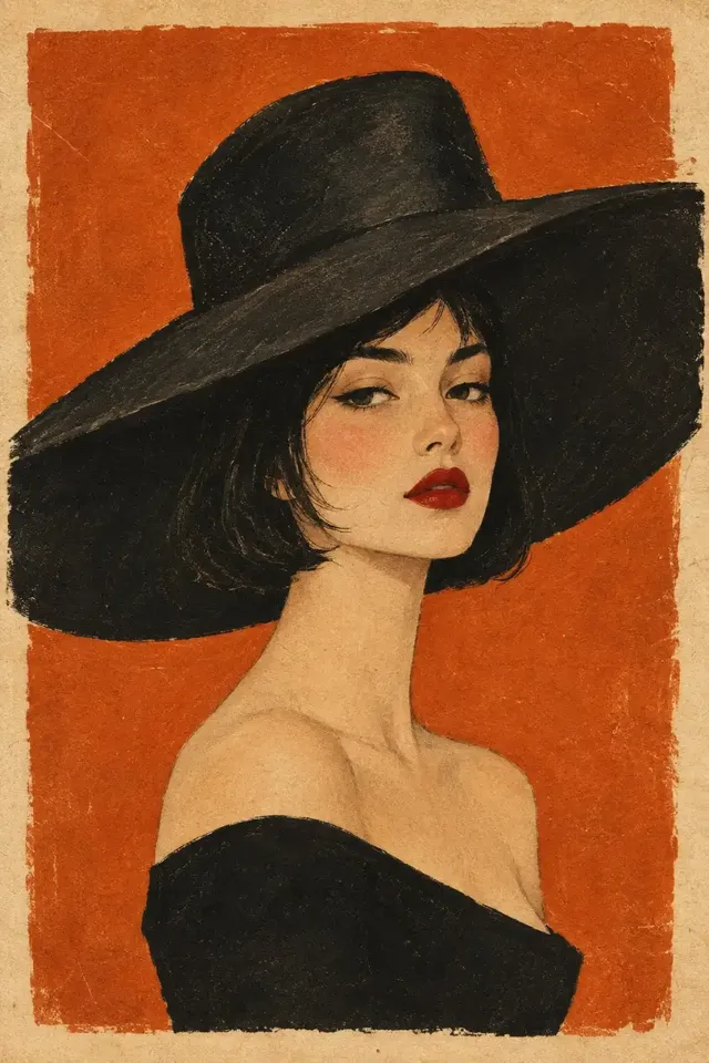 Vintage fashion illustration of a woman with a short black bob haircut, wearing an oversized black wide-brimmed hat and a black off-shoulder top. The background is a burnt-orange rectangle on cream paper.
