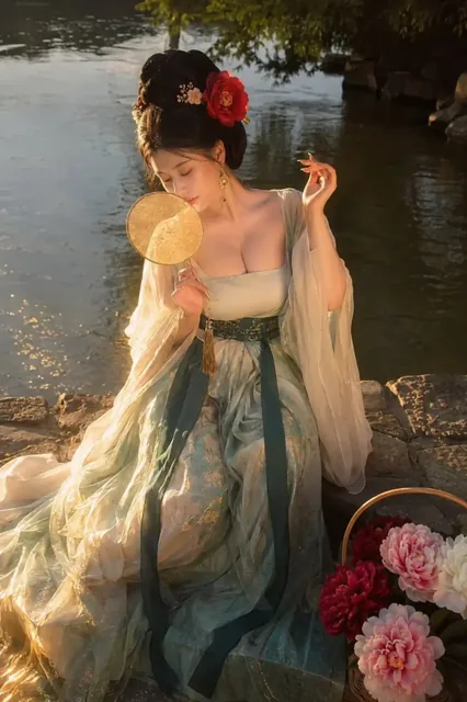 A young woman in traditional Chinese clothing sits by a lake, bathed in golden sunset light, gazing at a fan.