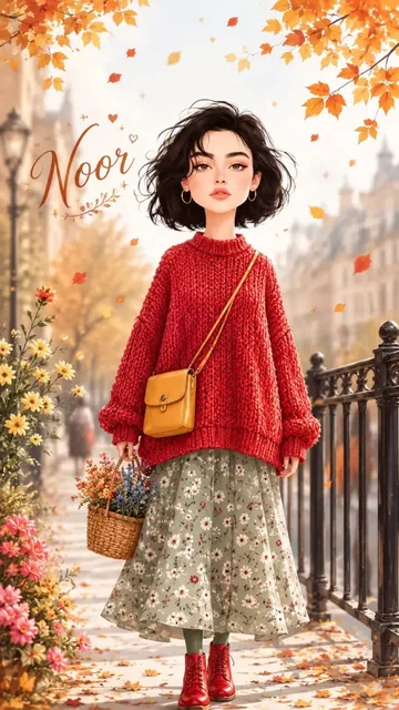 A charming hand-painted storybook illustration of a girl with replaced facial features, wearing an oversized red sweater and floral skirt, standing on an autumn street with falling