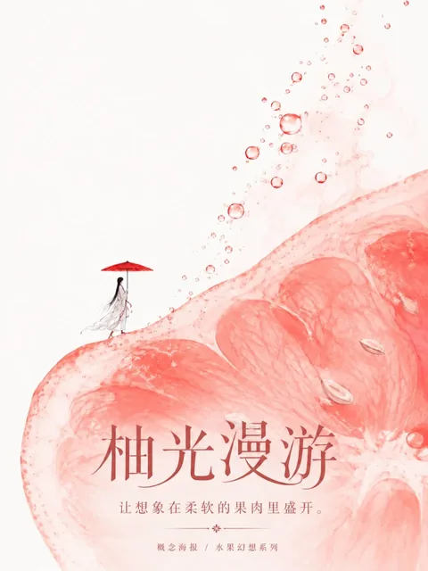 An artistic poster featuring a translucent fruit slice with a red umbrella and tiny figures, floating bubbles, and soft typography on a white background.