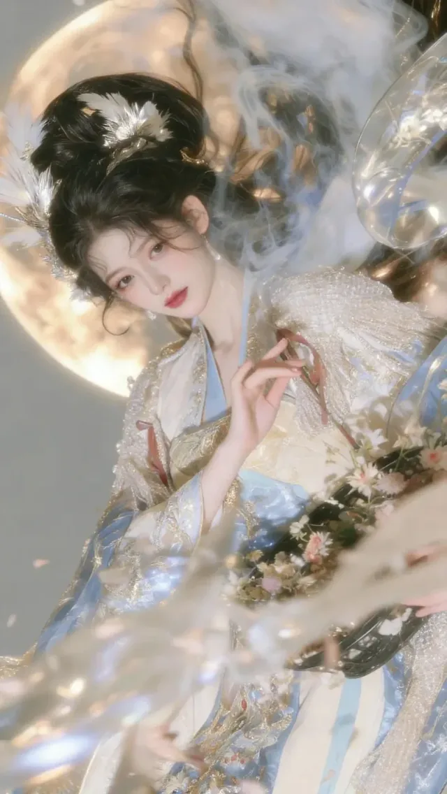 Hyperrealistic portrait of an East Asian woman with a cool, gentle demeanor, dressed in flowing ancient Chinese attire. She has black hair adorned with silver ornaments, holds a small bouquet, and is set against a backdrop of a large, luminous full moon and ethereal blue-white mist.