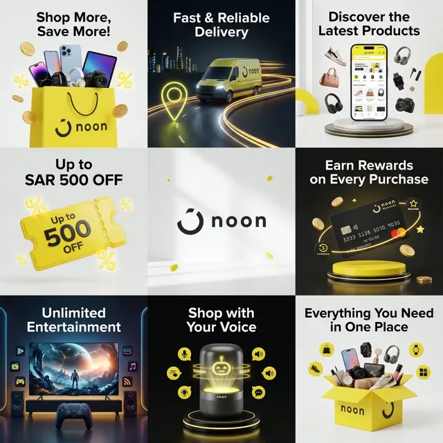 Ultra-detailed 3x3 grid advertising collage for Noon shopping platform, featuring promotional scenes like delivery vans, product showcases, discount coupons, and rewards cards in yellow and black.