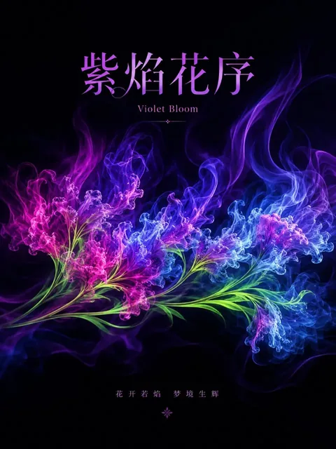 A vertical digital art poster titled 'Breathing Flowers,' showcasing luminous, transparent flowers with glowing green veins and blue-purple mist against a dark background, with con