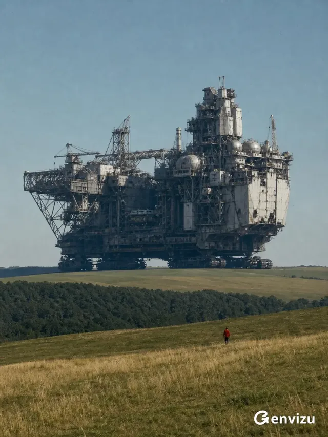 Photorealistic surreal landscape with a massive, complex industrial megastructure on farmland. A tiny person in red walks in the foreground, providing scale. Clear blue sky above.