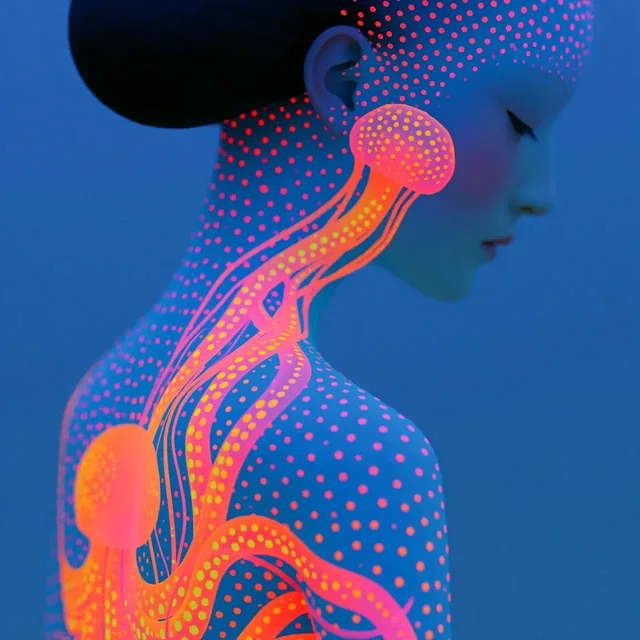 Woman with a glowing, transparent, low-polygon octopus symbiote in neon colors.