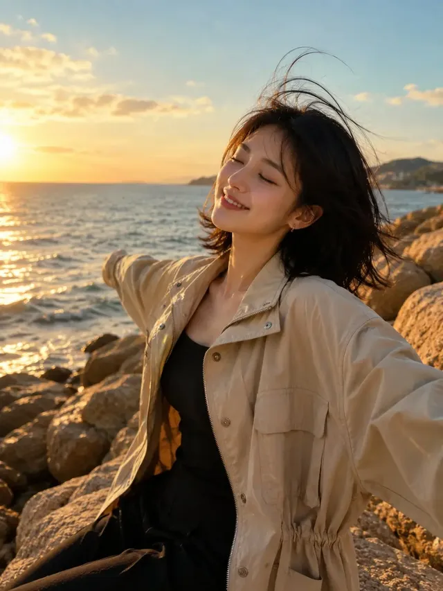 Beautiful young woman with short dark hair, eyes closed and smiling, standing on coastal rocks by the sea during golden hour, wearing a beige utility jacket.