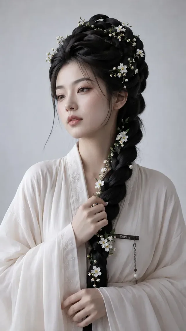 Back view of a woman with an elaborate ancient Chinese hairstyle featuring long, dark hair in multiple buns and a thick braid, adorned with white flowers, green leaves, and a dark hairpin. She wears a light off-white Hanfu with wide sleeves against a plain light grey background.