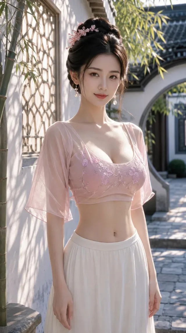 A 20-28 year old elegant East Asian woman in Tang Dynasty attire. She wears a light pink sheer top revealing her midriff and a white high-waisted skirt. Soft side-backlight illuminates her features and the translucent fabric. Background shows a courtyard with a moon gate and bamboo.