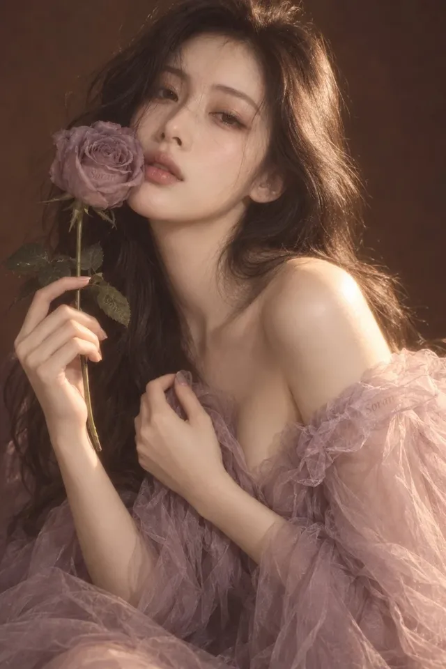 Close-up portrait of a young East Asian woman with soft, wavy dark hair and fair skin. A fully bloomed grey-purple rose is held gently to her face, obscuring her left eye. She wears a sheer, pale purple off-the-shoulder top. Warm, diffused light creates a soft bloom effect on her skin, hair, and the rose, with a shallow depth of field blurring the background.