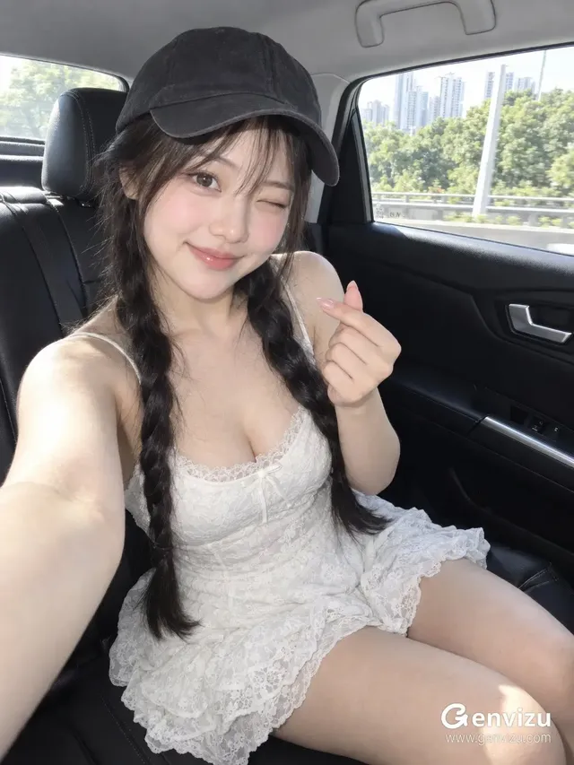 A young woman in a white dress and black baseball cap takes a cheerful car selfie while winking and making a hand heart gesture.