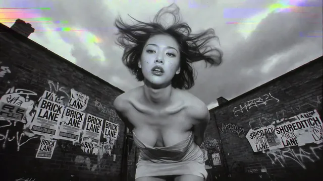 A mid-20s East Asian woman in a mini dress, frozen mid-pose against a brick wall with graffiti, under a stormy sky, with VHS-like visual degradation.