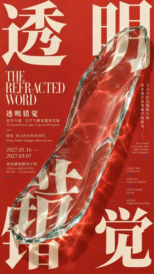An experimental graphic design poster with four large Chinese characters at the corners and a detailed central subject integrated into the typography.