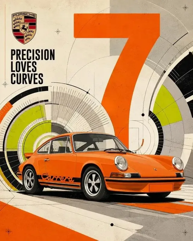 Automotive poster with a vehicle in a three-quarter view, surrounded by concentric circles, radial lines, and mechanical rings, with a large numeral and logo.