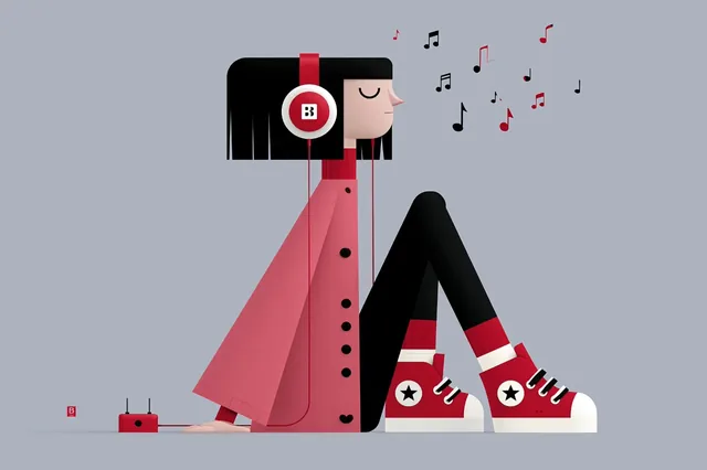 Stylized 3D character wearing headphones and listening to music.