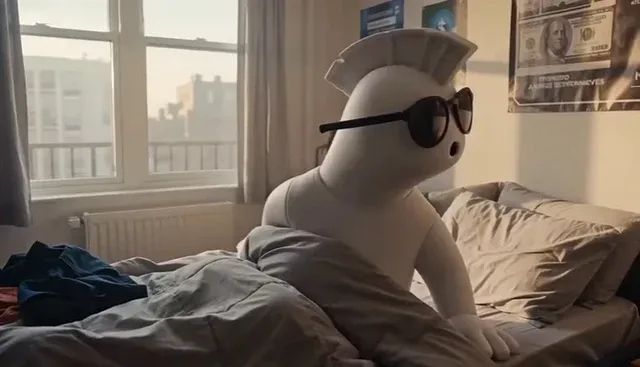 Photorealistic smartphone vlog footage of a stylized 3D mascot character with sunglasses and a mohawk, navigating a messy apartment while working on crypto and AI content.