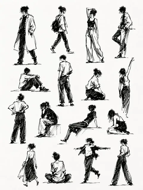 A sketchbook page with several black ink silhouette gesture drawings of human figures in different poses, on a white background.