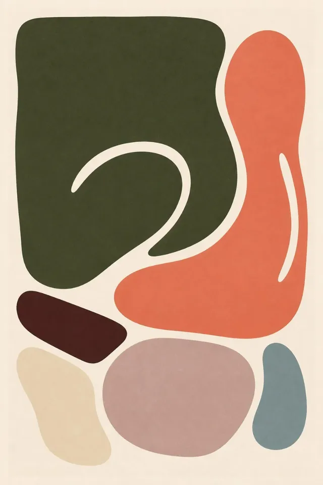 Minimalist abstract artwork with organic shapes in deep olive green, coral orange, wine brown, cream, pink, and mist blue, on a textured warm white background with white spacing.