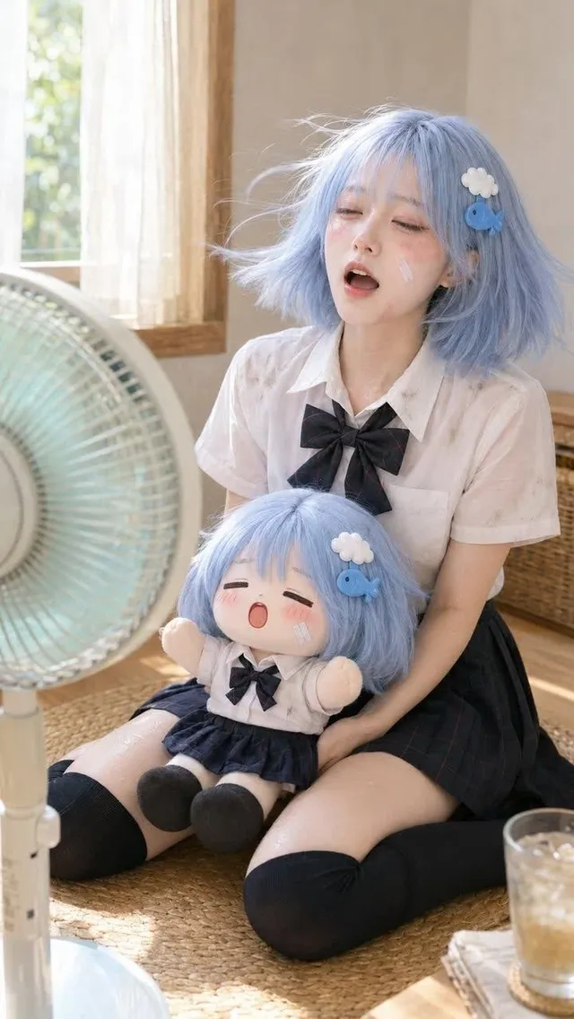 A realistic adult person and a cute plush doll version of them sit side-by-side on the floor in front of an electric fan, mouths open slightly in relief as the fan blows cool air on their flushed faces.