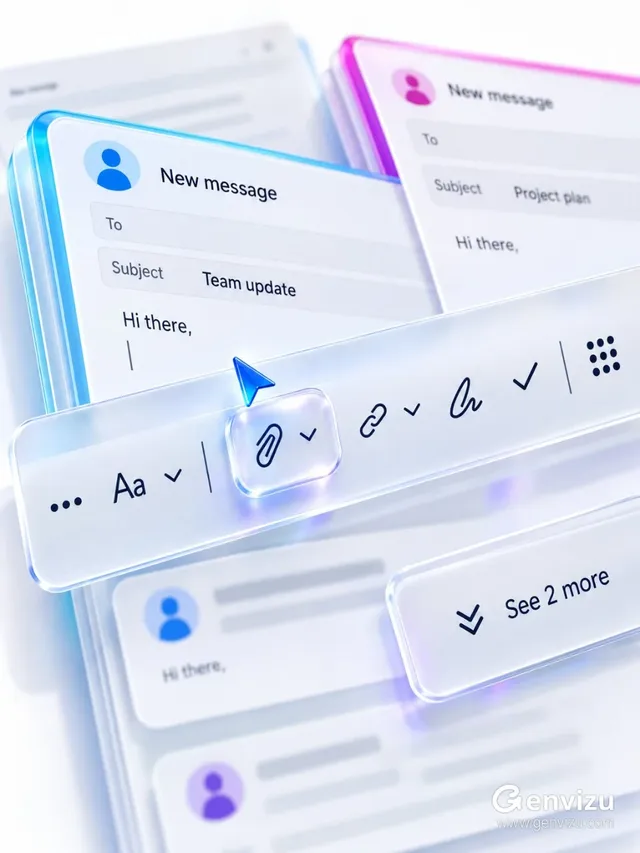 Close-up of stacked email compose windows with a frosted acrylic toolbar and a blue arrow cursor hovering over a paperclip icon, against a cool-white background with blurred email cards.