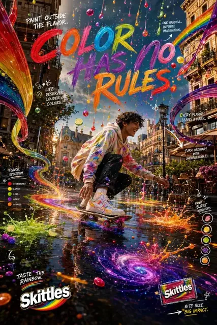 Skateboarder glides through a European plaza during a 'Flavor Storm' where colorful paint droplets create abstract art on wet cobblestones, with candy ribbons floating in the air.