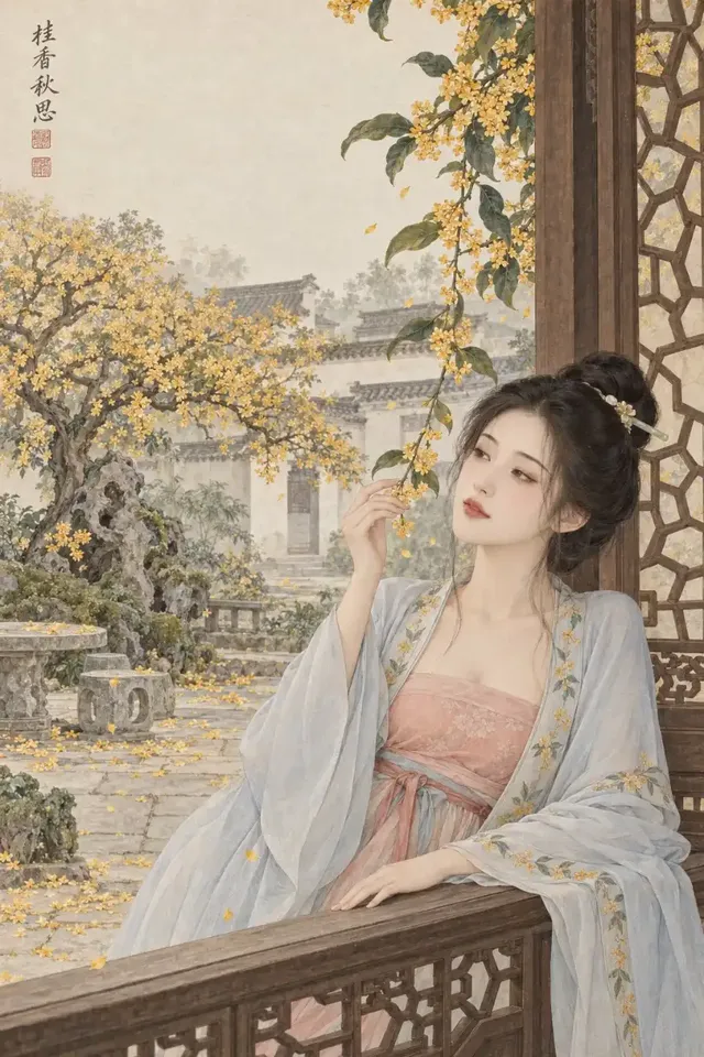 A Song dynasty maiden in fine-brush painting style leaning by a wooden window with osmanthus flowers.