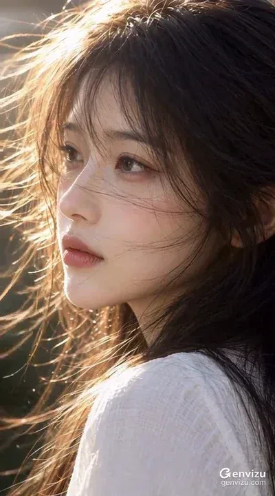 A serene backlight portrait of a woman with flowing hair bathed in warm sunlight.
