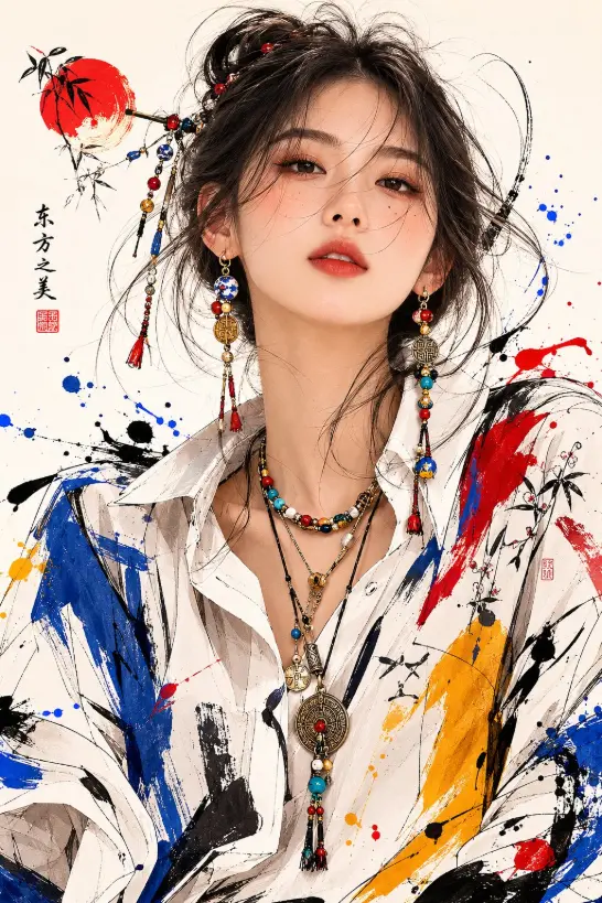 Vertical mixed-media portrait of a young Japanese woman facing forward, detailed features, expressive eyes, wearing modern jewelry and a vibrantly painted white shirt on an ivory background.