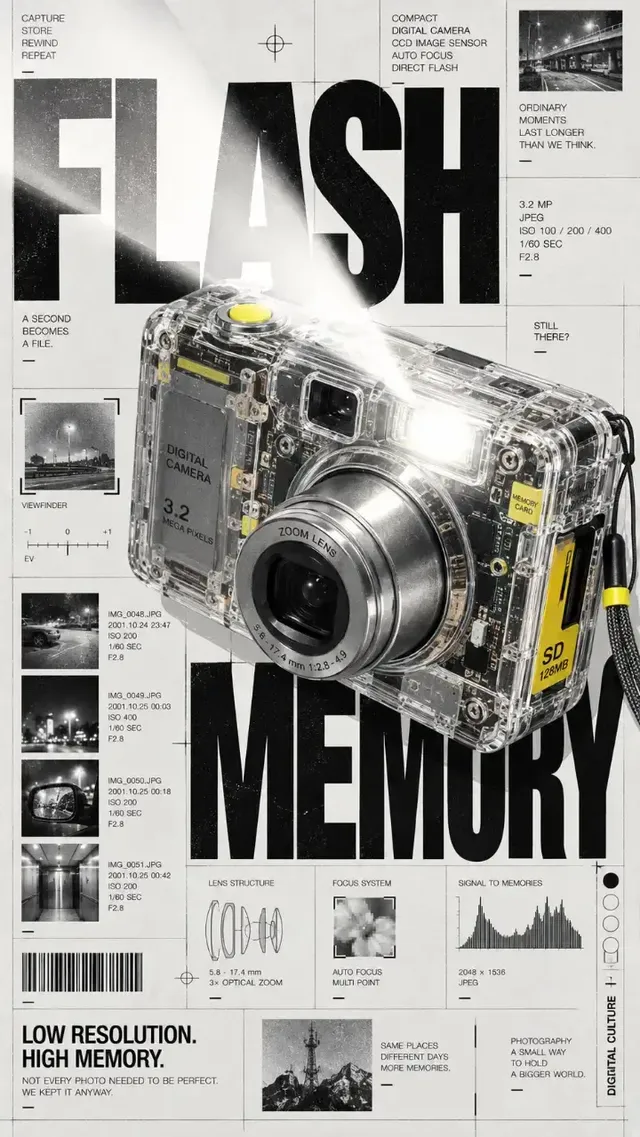 A 9:16 retro-tech editorial poster featuring a vintage digital device interacting with oversized structural typography on an off-white background.