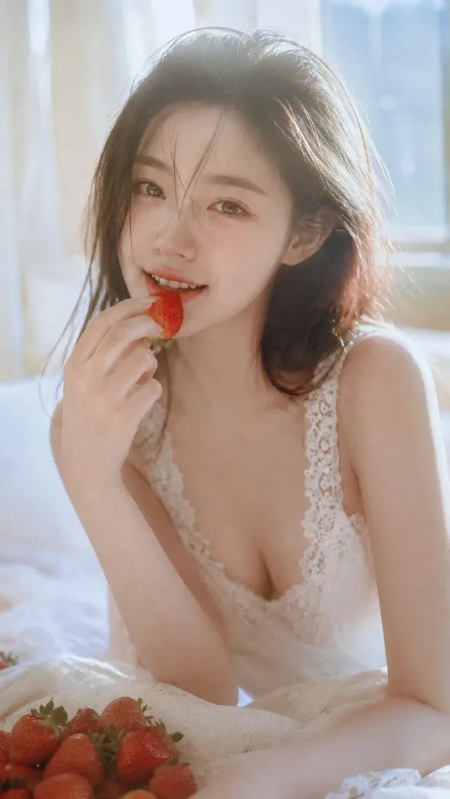 A young East Asian woman with messy black hair and a soft smile sits on a white bed, holding a strawberry near her lips, illuminated by warm morning window light in a dreamy, vintage-inspired portrait.