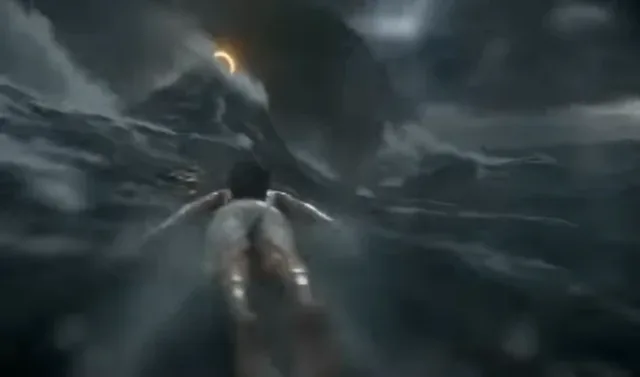 A powerful, dark-haired ocean warrior in a soaked white dress flies at extreme speed across a violent stormy sea, slicing through giant tsunami waves as lightning strikes.