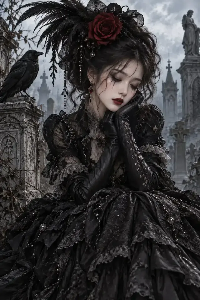 A pale young woman with black hair and a Victorian gown poses mournfully in a misty cemetery with a raven.