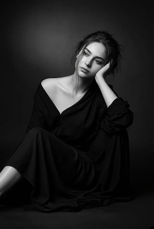 A dramatic black-and-white studio portrait of a thoughtful young woman with a pensive expression in a moody low-key aesthetic.
