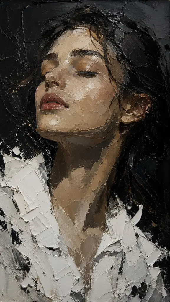 Close-up impasto oil painting of a woman with closed eyes and a serene expression, featuring thick paint strokes, dramatic shadows, and a dark background with white textured elements.