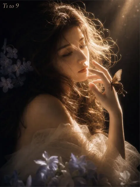 A mature East Asian woman with long, wavy brown hair is illuminated by a single, dramatic sunbeam. She wears a sheer off-shoulder gown and gently holds a butterfly near her face, w