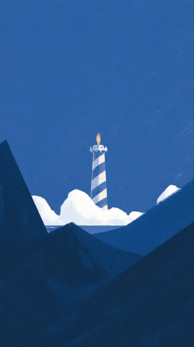 A minimalist digital illustration of a lighthouse with blue and white stripes, emerging from clouds on a dark blue background, with dark mountains in the foreground.