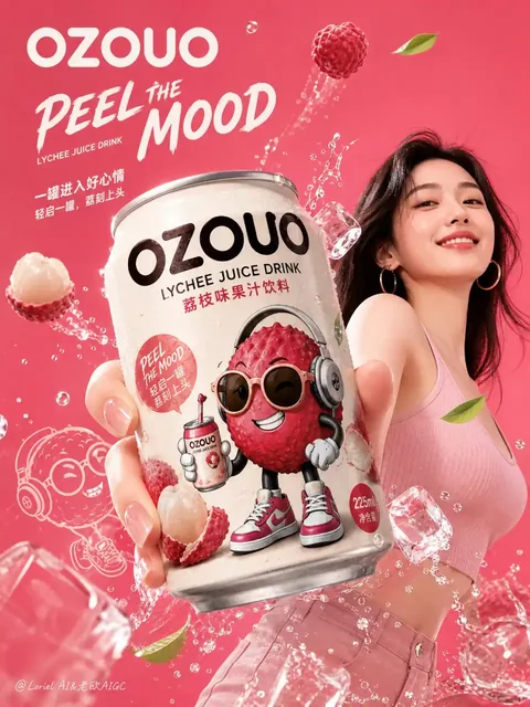 Collage of OZOUO brand visuals including POS materials, multipack cartons, refrigerated cans, a person with a can, and a tote bag, all in a consistent brand style.