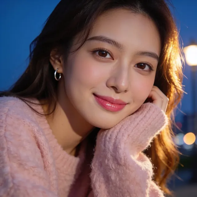 Ultra-realistic close-up portrait of a beautiful young East Asian woman with a gentle smile, wearing a pastel fuzzy knit sweater, outdoors during blue hour with a softly blurred twilight sky background.